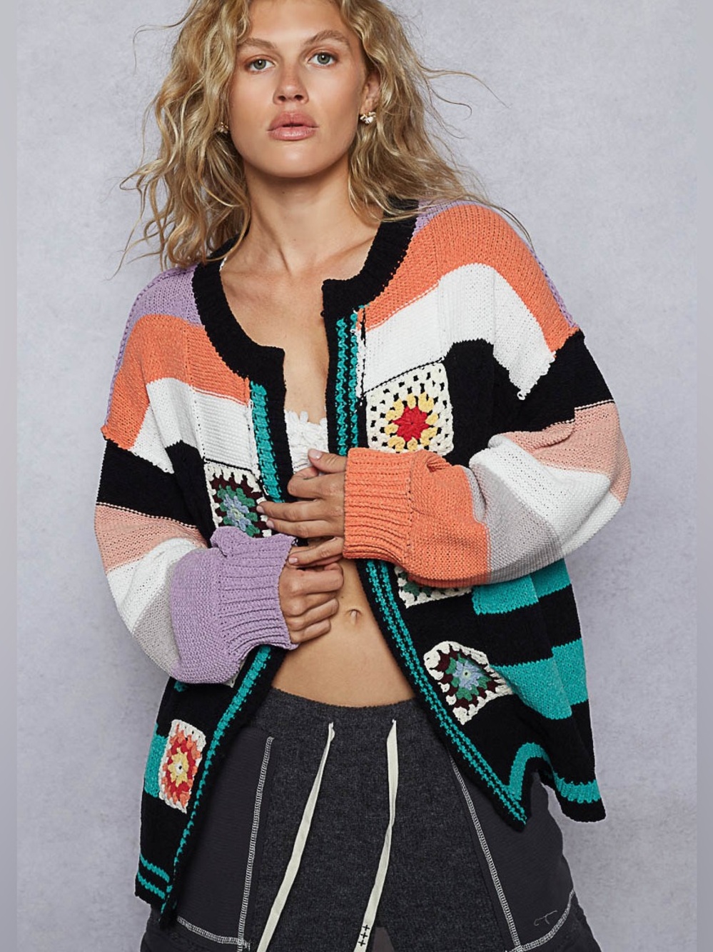POL Open Cardigan Oversized Fit Chenille Sweater Handmade Patch Detail Striped